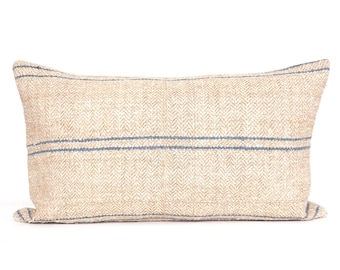 Grain Sack Lumbar, 14x24, Hemp Lumbar Pillow Cover, Blue Striped Lumbar, Linen Striped Pillow, Grainsack Pillow