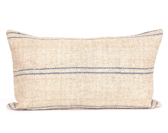 Grain Sack Lumbar, 14x24, Hemp Lumbar Pillow Cover, Blue Striped Lumbar, Linen Striped Pillow, Grainsack Pillow