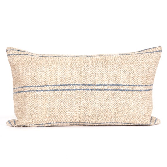 Grain Sack Lumbar 14x24 Hemp Lumbar Pillow Cover Blue Striped Lumbar Linen Striped Pillow Grainsack Pillow Etsy