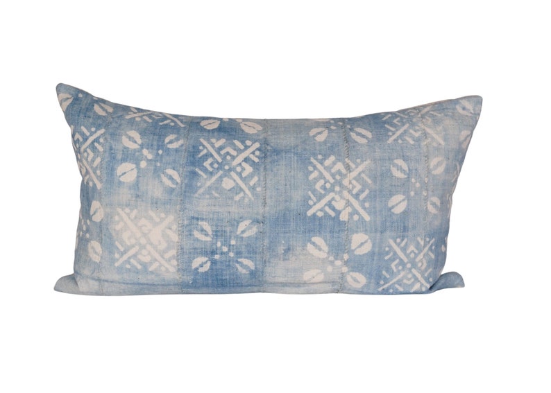 Faded African Indigo Lumbar Pillow, 14x24, Mudcloth Lumbar, Boho Pillow, Blue Cushion, Denim Pillow, African Indigo Pillow, Blue Mudcloth image 1