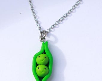 Two Peas in a Pod Necklace: Polymer Clay Charm, Stainless Steel Chain