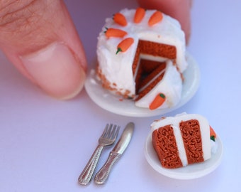 Miniature carrot cake, Dolls house food, Ceramic plate, Miniature food, Miniature collector, Birthday gift, Realistic cake, fake food