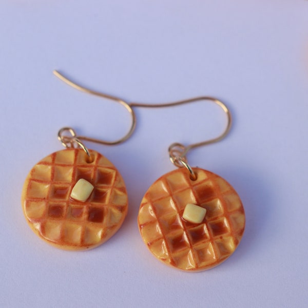 Waffles earrings, Food lover gift, Polymer clay, Funky jewellery, Gold stainless steel, Gift for mum, Waitress gift, Sister birthday