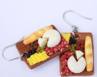 Cheese board earrings, Polymer clay, miniature food, Funny Birthday gift, stainless steel hooks, Cheese lover, Charcuterie Board, Mum gift