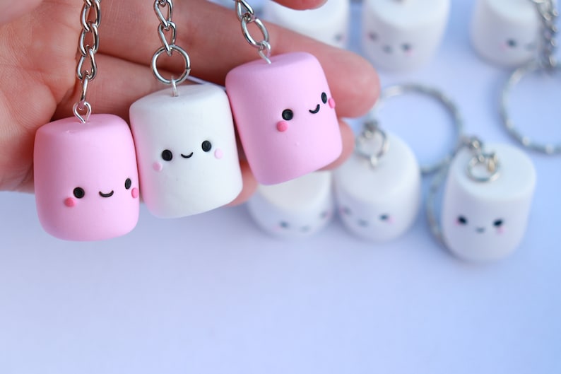 ONE Kawaii Marshmallow, Polymer Clay Keychain, White Marshmallow, Pink Marshmallow, Toasted Marshmallow, Pink marshmallow