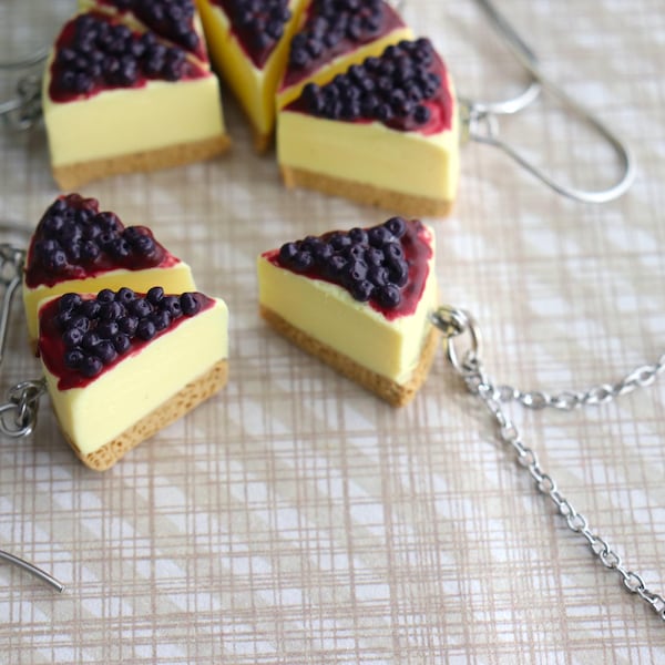 Blueberry Cheesecake Earrings, Cake slice necklace Polymer Clay Food Jewellery, stainless steel