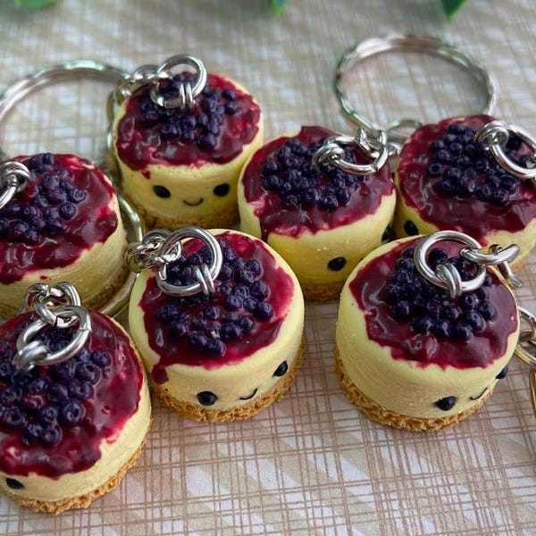 Bluberry Cheesecake Keychain: Kawaii Food Bag Charm, Polymer clay birthday gift