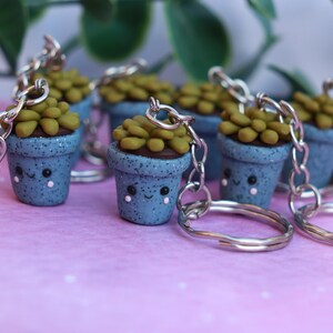 May include: A collection of handmade succulent keychains. Each keychain features a small, blue pot with a smiling face, holding a green succulent. The keychains have silver-colored metal rings and chains. The background is a soft pink.