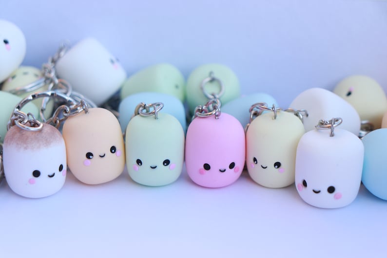 ONE Kawaii Marshmallow, Polymer Clay Keychain, White Marshmallow, Pink Marshmallow, Toasted Marshmallow, image 7