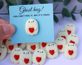 Glow in the Dark Ghost Hug Brooch: Polymer Clay Halloween Pin