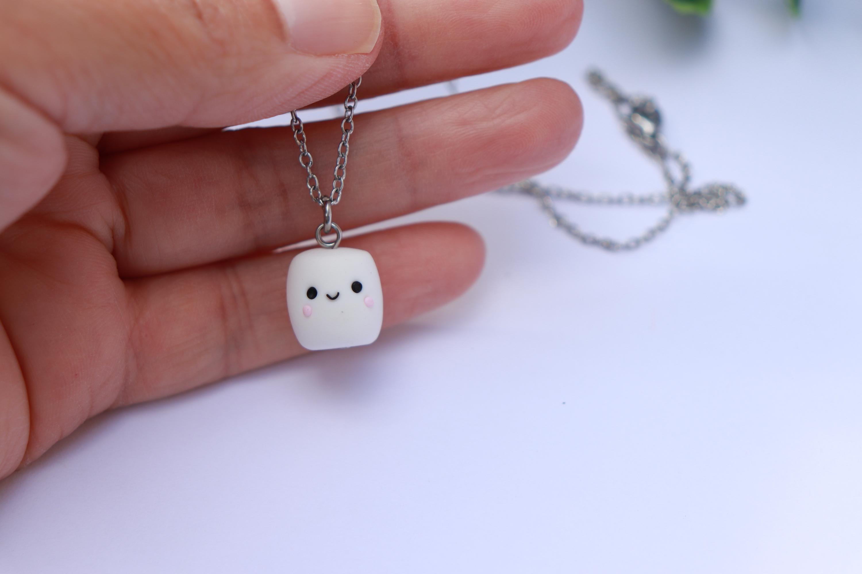 Kawaii Marshmallow Necklace: Polymer Clay Charm, Stainless Steel