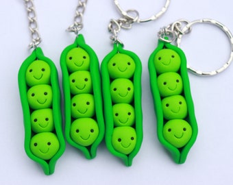 ONE, Four Peas In A Pod Keychain, Polymer Clay, Cute Kawaii Funny Gift, Gift for Gardener, Best friends gift,