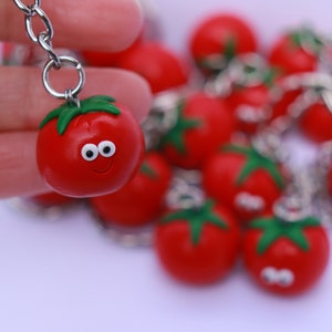 May include: A keychain featuring a red tomato with a green stem and a smiling face. The tomato is attached to a silver chain with other red tomato keychains.
