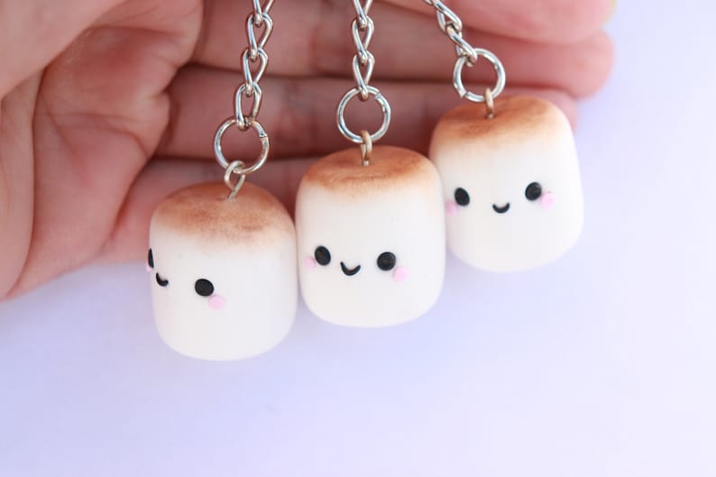 ONE Kawaii Marshmallow, Polymer Clay Keychain, White Marshmallow, Pink Marshmallow, Toasted Marshmallow, Toasted marshmallow