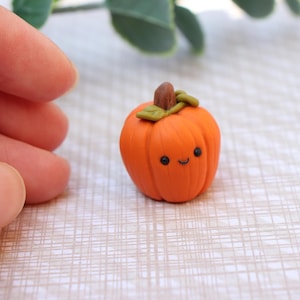 May include: A small, orange, sculpted pumpkin figurine with a smooth, rounded shape and vertical ridges. It features a brown stem, a small green leaf, and a simple, hand-drawn face consisting of two black dot eyes and a tiny, curved black smile.