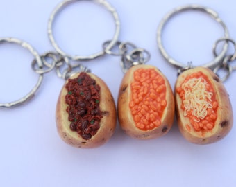 ONE, Polymer clay Keychain, Jacket potato and beans, Food lover gift, Boyfriend gift, Spud and beans, Realistic chilli on potato, fake food