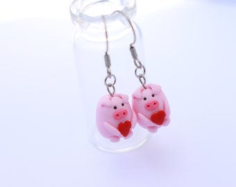 Polymer clay Pig Earrings, ONE Pair, Animal lover Jewellery, Pink Pigs, Stainless Steel earring Hooks, Mother's day gift, Funky earrings