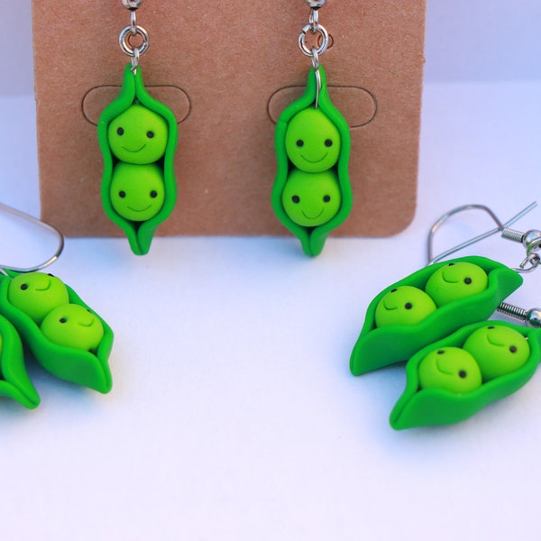 Two Peas in a Pod, Polymer Clay Earrings, Stainless Steel Earring Hooks, Gift for Gardener, Fake vegetables, Gift for Vegans,