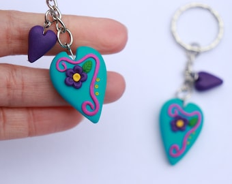 ONE Polymer clay Heart Keychain, Gift for Her, Gift for Mum, Gift for Sister, Turquoise heart