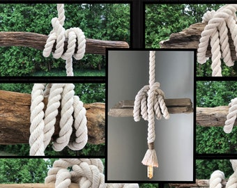 Driftwood Lighting is Customizable and Made with 1" Thick White Cotton Rope. Select: Driftwood Log, Ceiling Canopy, Socket Type, Rope & Bulb