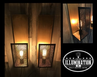 Vintage Lighting: Pair of Wall Mounted Solid Metal Fixtures w/ Black Decorative Screen & Antique Brass Finish w/Bulb Choice (17"Hx5"Wx4.5"D)