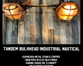 Dual Bulkead Ceiling Fixtures w/ Independent Rotation: Copper Cage/Blk Pipe/Espresso Shell Enamel Finish w/ Engine House No. 5 Canopy