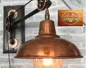 Pulley Lamp Iron Pipe Copper w 18 quot Cast Metal Backplate, 10 quot Copper Barn Shade, Select 1 of 3 Lentghs, 5 quot Round Nostalgic Bulb