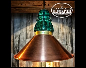 Hemingray 42 Glass Insulator Pendant w/Solid Copper Shade, Brass Accents (Ceiling Canopy, 3-Wire, UL Listed Pulley Cord & 60W Bulb incl.)