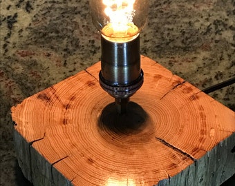 Desk Lamp: Vintage Brass Socket Atop 100 Year-old, Hand-hewn Timber Slice, Reclaimed Wood, Vintage Lamp, Industrial Lighting