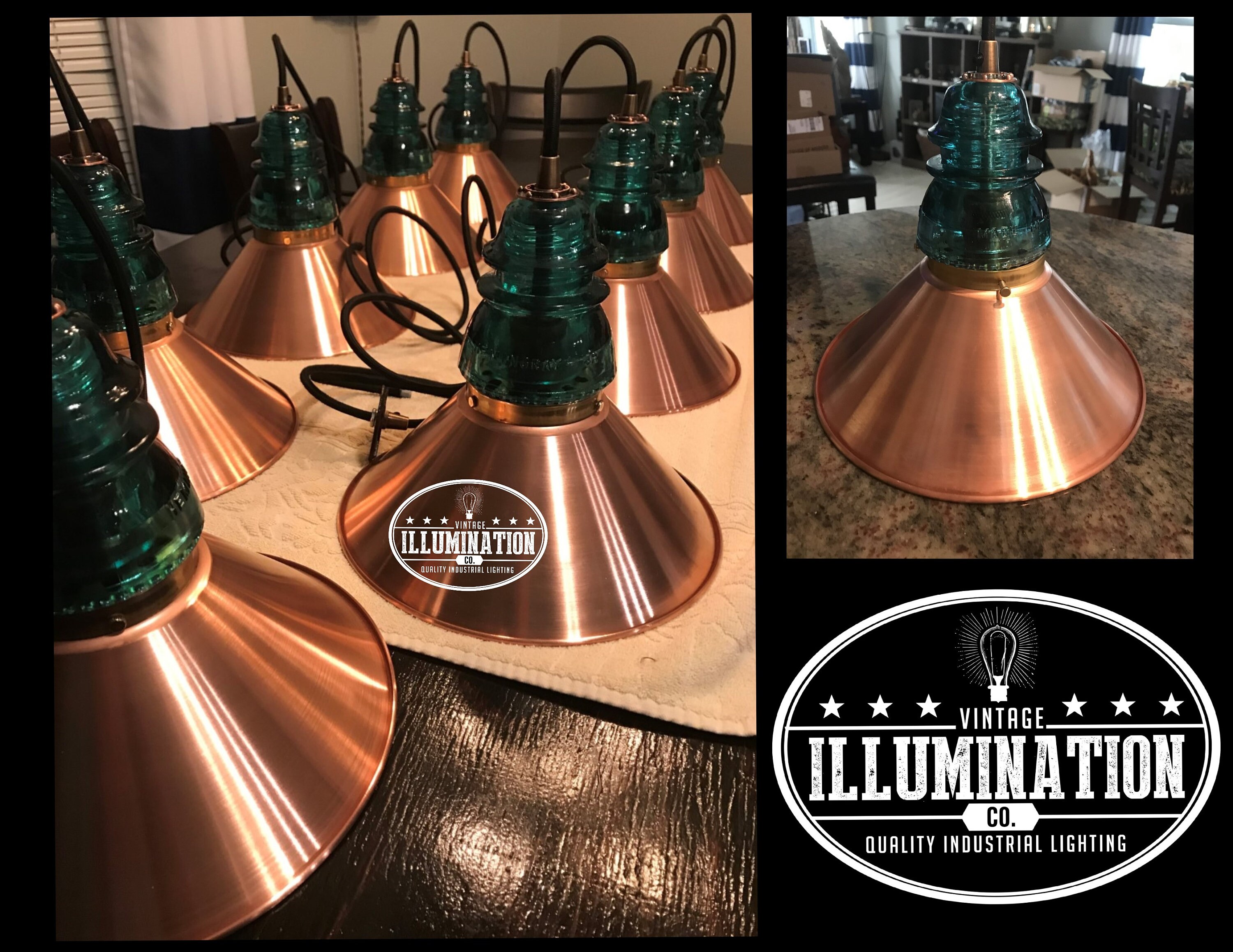 Hemingray 42 Glass Insulator Pendant W/solid Copper Shade