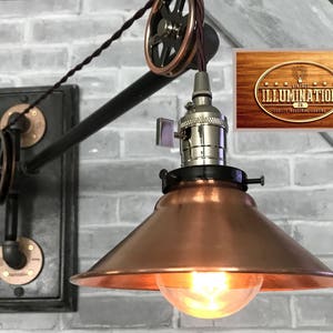 Pulley Lamp: Iron Pipe, Vintage Cast Backplate & Solid Copper Shade; Select(a) 1 of 3 sizes, (b) 1 of 3 Sockets, (c) 1 of 2 bulbs