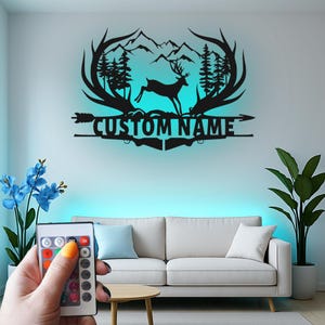 Custom Whitetail Deer Hunting Scene Led Light Metal Wall Art, Rustic Mountain Forest Hunter Decor, Personalized Gift for Outdoorsman