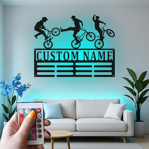 Custom BMX Stunt Riders Medal Holder Led Light Metal Wall Art, Personalized BMX Trick Biking Decor for Teen Bedroom, Bike Enthusiast Gift