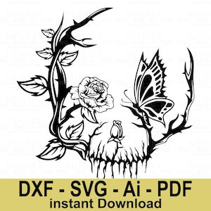 Butterfly Skull Floral Svg Dxf Png Pdf, Gothic Flower Skull with Butterfly Digital Cut File, Cricut Silhouette DIY Tattoo Design