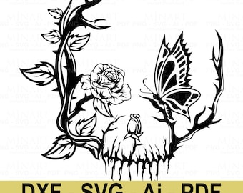 Butterfly Skull Floral SVG, Gothic Tattoo Design (Digital Cut File)