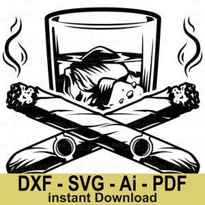 Whiskey Glass and Cigars Svg Dxf Png Pdf Digital Download, Bourbon Whiskey Drink Vector Clipart, Cigar Bar Design File Cricut