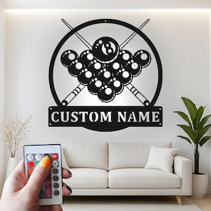 Custom Billiards 8-Ball Pool Table Led Light Metal Wall Art, Personalized Game Room Decor, Unique Gift for Pool Player