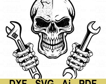 Mechaniker Totenkopf Clipart, Schraubenschlüssel Werkstatt (Digitaler Download)