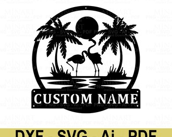Flamingo Palme Laser Cut Datei, Benutzerdefiniertes Namensschild (Digitaler Download SVG DXF PDF)