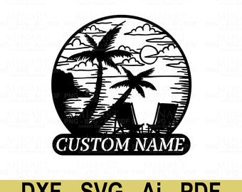 Tropische Strand-Szene Benutzerdefinierte Name Laser Cut Datei, Küstenwandkunst (Digitaler Download)