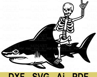 Funny Skeleton Riding Shark SVG – Halloween Clipart (Digital Download)