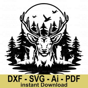 Hirsch Jagd Szene SVG Dxf Png Pdf, Wald Wildtier Jäger Silhouette Digitale Datei Download für Cricut Laser Cut