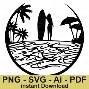 Beach Scene Svg Dxf Png Pdf Digital Download, Tropical Palm Trees and Surfing Couple Silhouette for Cricut Crafts