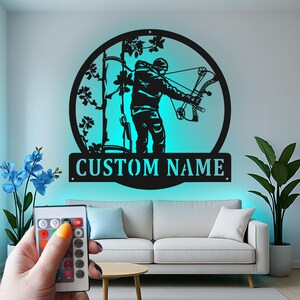 Custom Bow Hunter Led Light Metal Wall Art, Realistic Archery Hunting Decor, Personalized Hunter Gift for Cabin or Man Cave