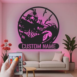 Decoración de pared LED personalizada con forma de barco pirata, decoración metálica a medida.