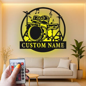 Custom Drum Set Led Light Metal Wall Art, Personalized Musician Gift, Drummer Decor, Percussion Instrument Metal Wall Art