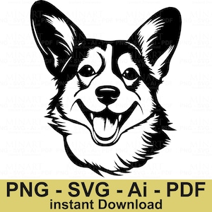 コーギー犬の頭 SVG PNG PDF Ai ベクター ファイル、クリカットとレーザー カット用のかわいいコーギーのシルエット クリップアート、犬好きへのギフトの即時ダウンロード