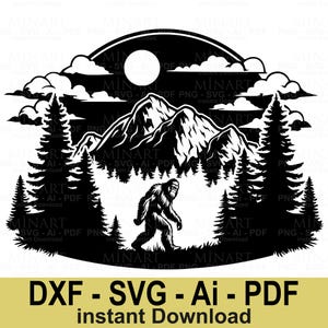 Bigfoot Sasquatch Mountain Forest Svg, Wilderness Adventure Silhouette, Outdoor Camping Hiking DIY Digital Cut File