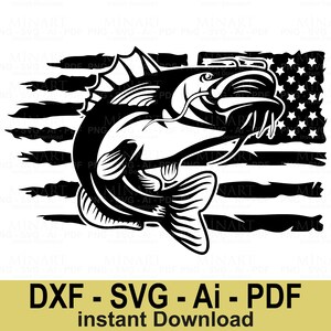 Bass Fish American Flag Svg Dxf Png Pdf, Patriotic Fishing Cut File for Cricut, Silhouette, Laser Cut, Fisherman Gift DIY