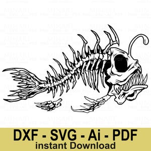Angler Fish Skeleton Svg Dxf Png Pdf Digital File - Creepy Fish Bone Clipart for Cricut, Silhouette, Laser Cut